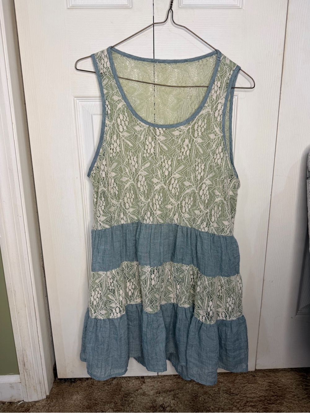 A’reve Light Blue, Green & Cream Lace Tiered Tank Top Dress - Women